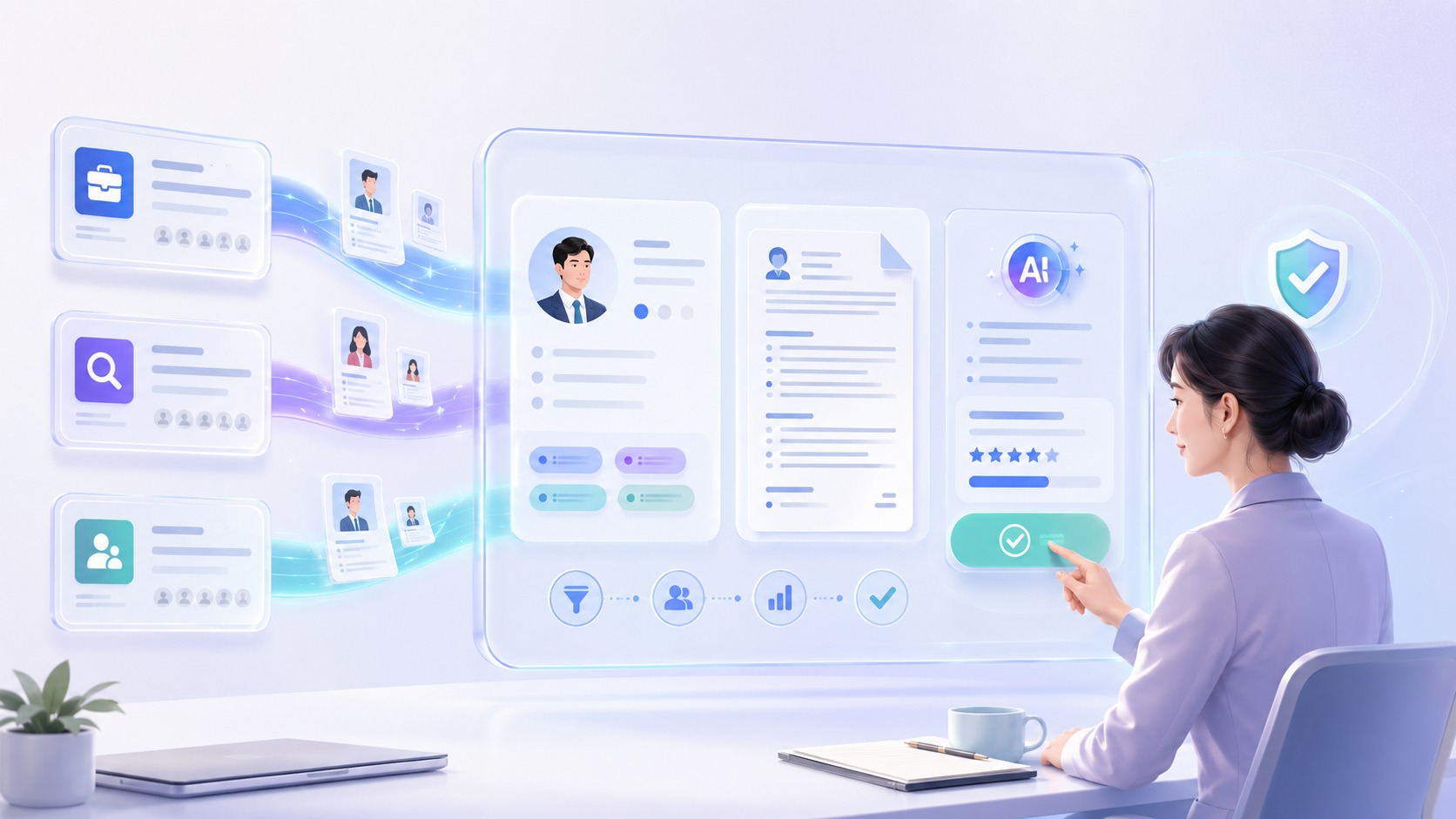 求職平台導入應徵者資料，AI 協助整理履歷與職缺條件，再由 HR 人員確認評估結果的智慧招募工作流程。
