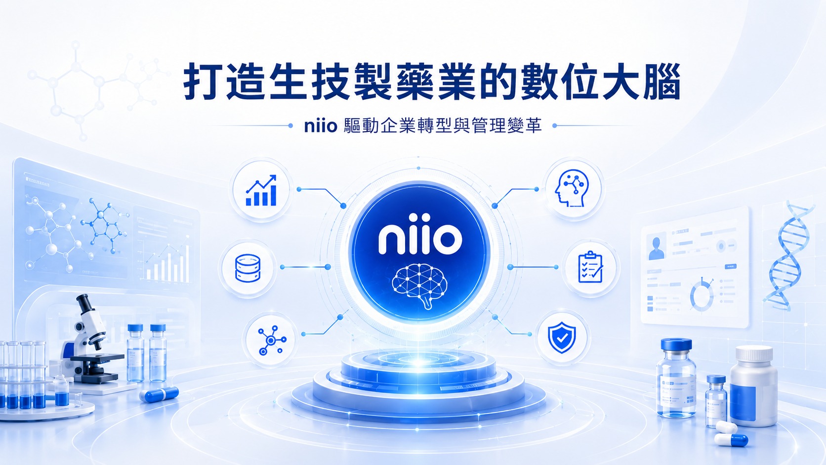 生技製藥數位轉型封面圖，以 niio 數位平台為中心，結合實驗室儀器、藥瓶、分子結構、DNA 與數據介面，呈現打造生技製藥業數位大腦的科技形象。