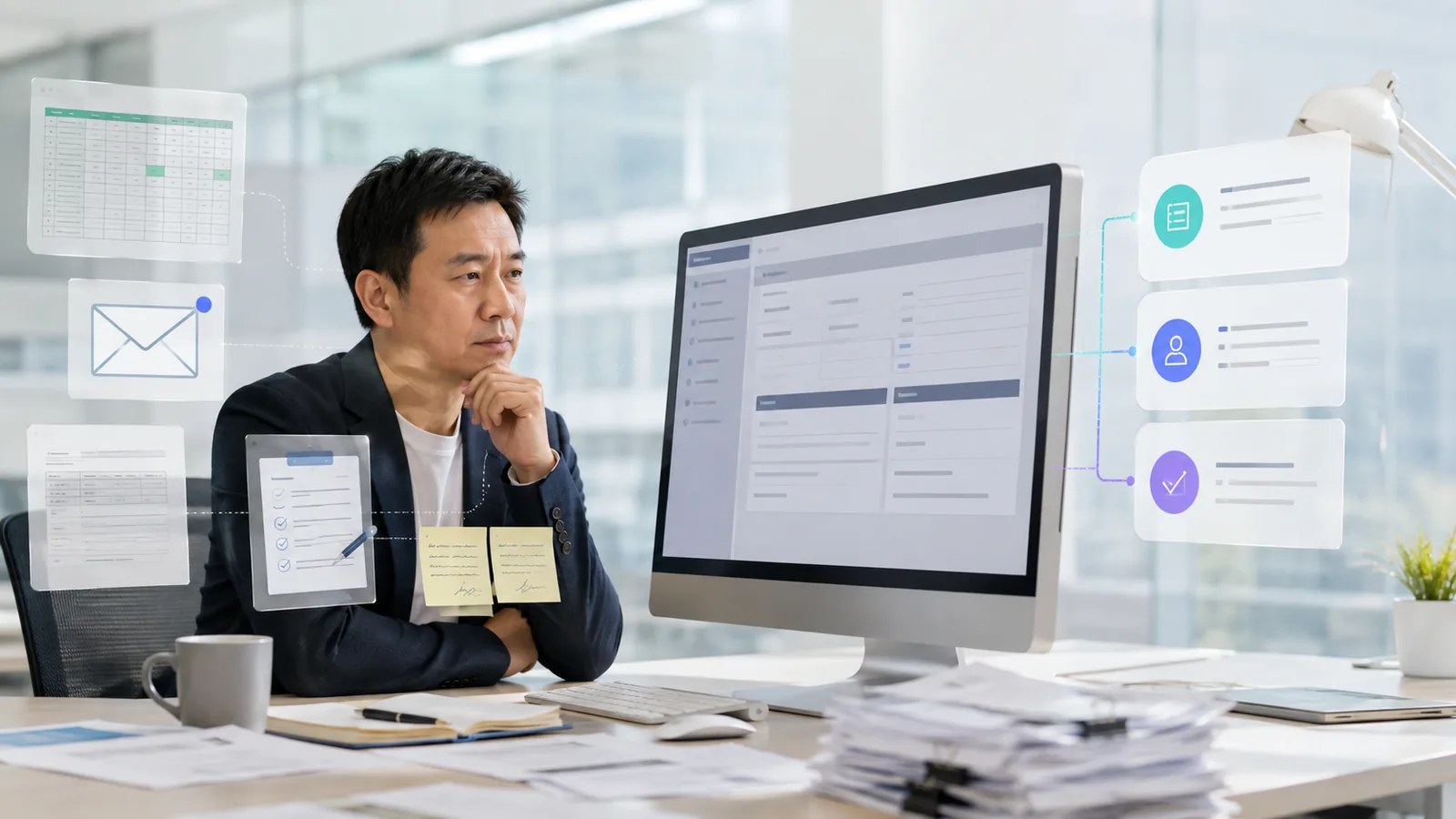 舊式企業系統旁散落試算表、Email、紙本與便條，主管正將分散資訊整理成清楚的工作流程。