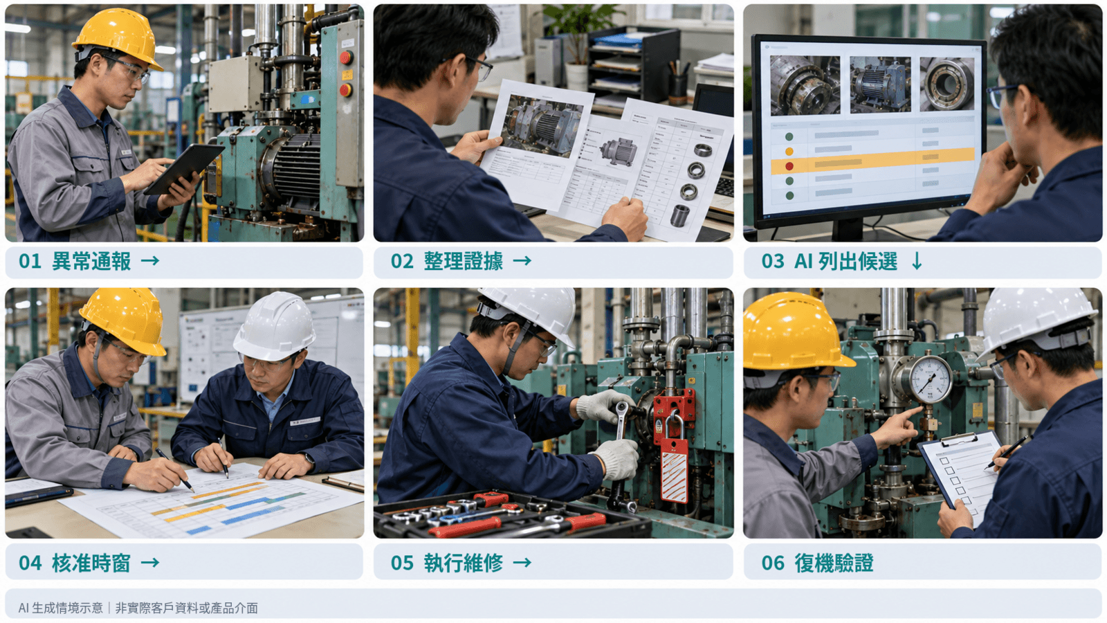從異常通報、證據整理、AI 列出原因候選、人工核准維修時窗、執行維修到復機驗證的六步示意流程。