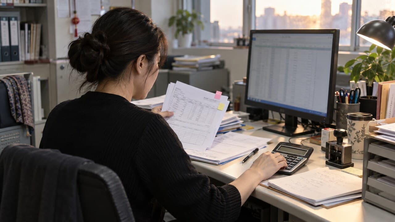 人資專員在結薪截止前核對請假、加班與薪資調整資料，將疑問項目逐一標記。