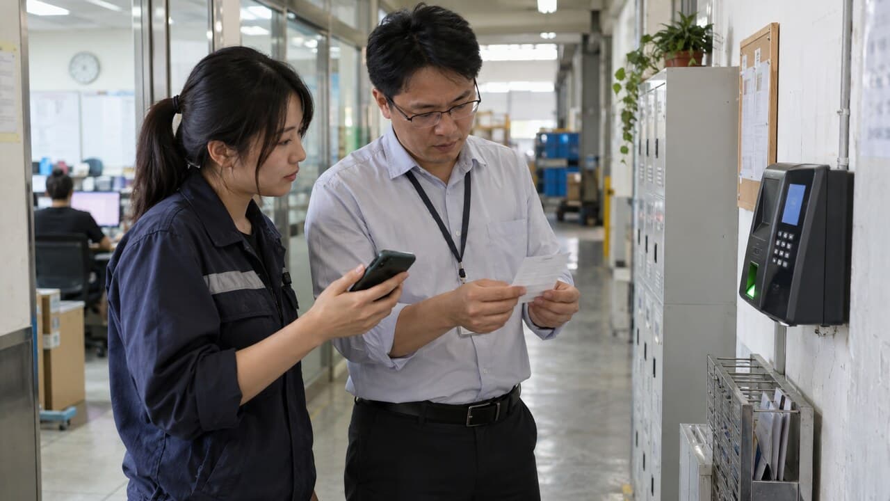 員工與主管在打卡設備旁核對一筆出勤紀錄，確認薪資前置資料是否完整。