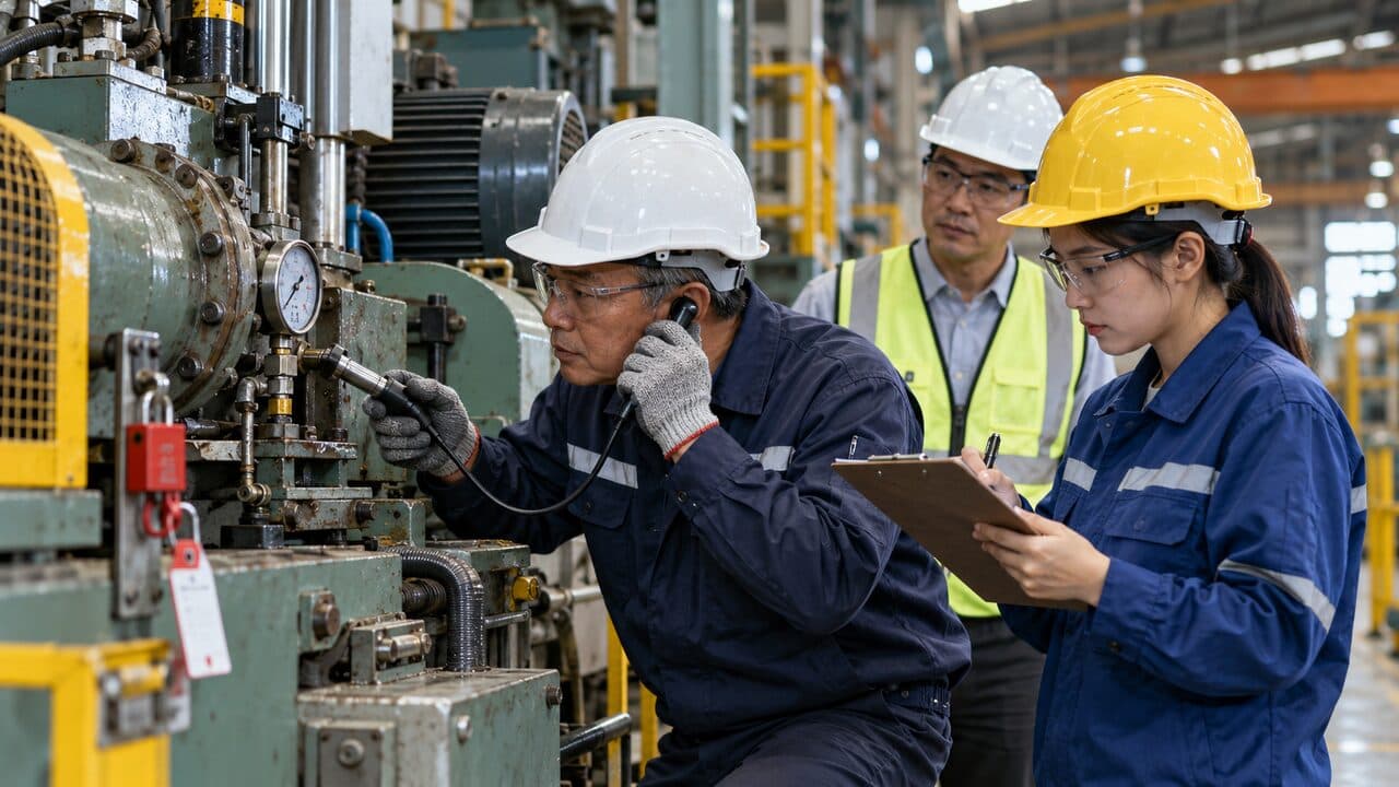 技師、操作人員與主管共同完成設備試運轉、量測與復機清單確認。