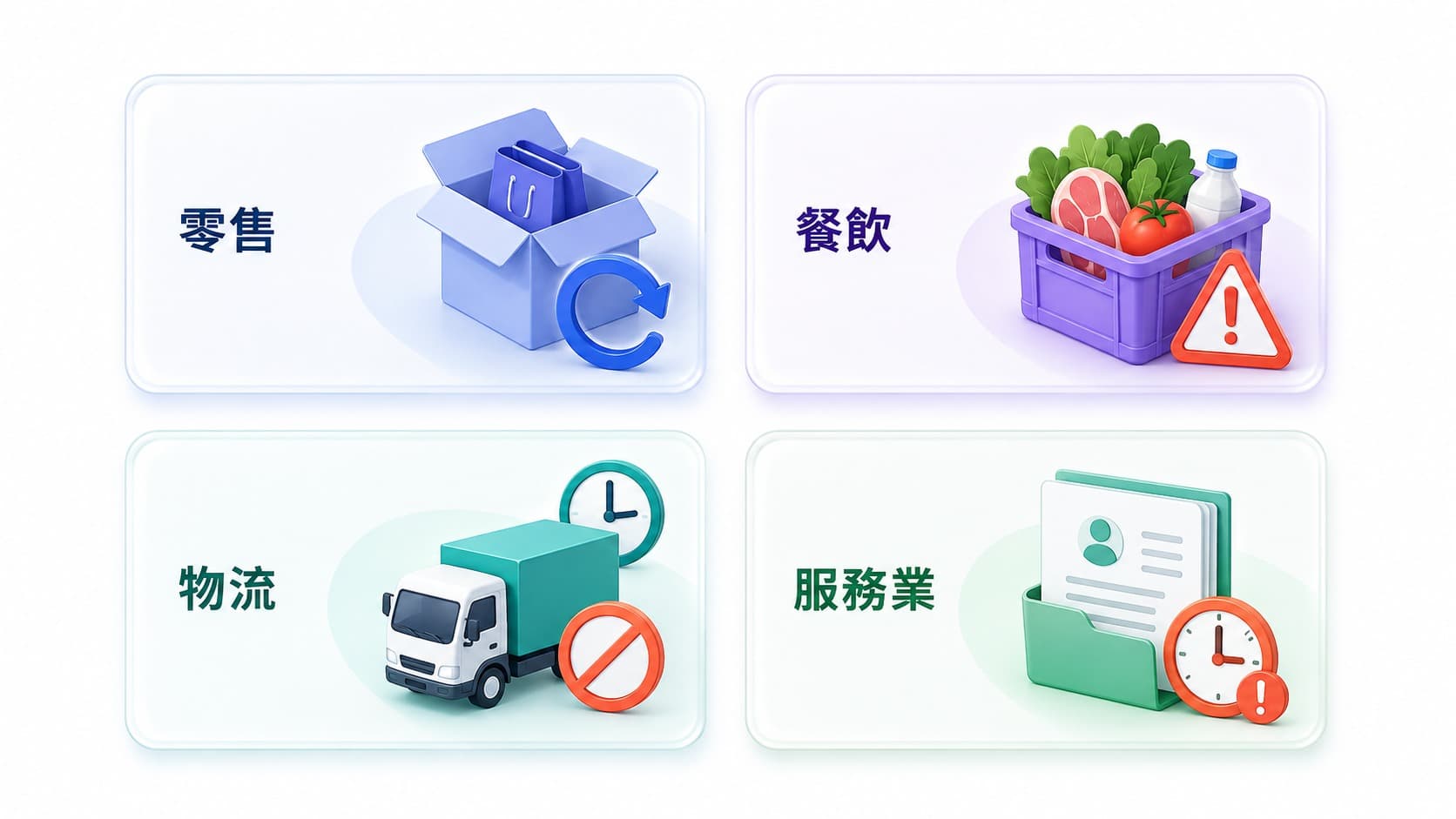零售退貨、餐飲耗損、物流延誤及服務案件逾期四種跨產業異常處理情境。