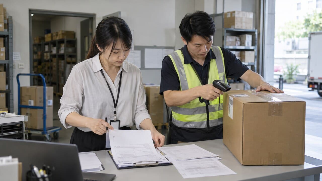 財務與倉儲同仁在收貨後核對採購單、貨品與憑證
