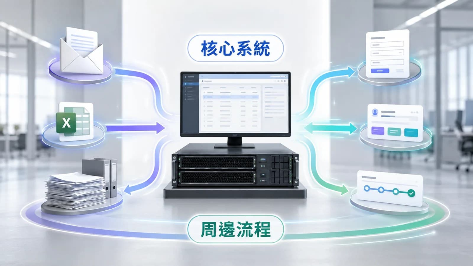 保留既有核心系統,將周邊 Email、Excel 與紙本作業逐步轉為數位表單、案件與流程。