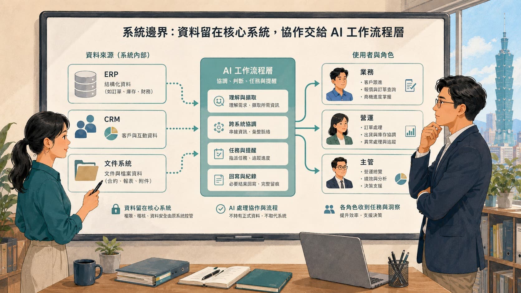 核心系統、AI 工作流程與實際工作之間的分工